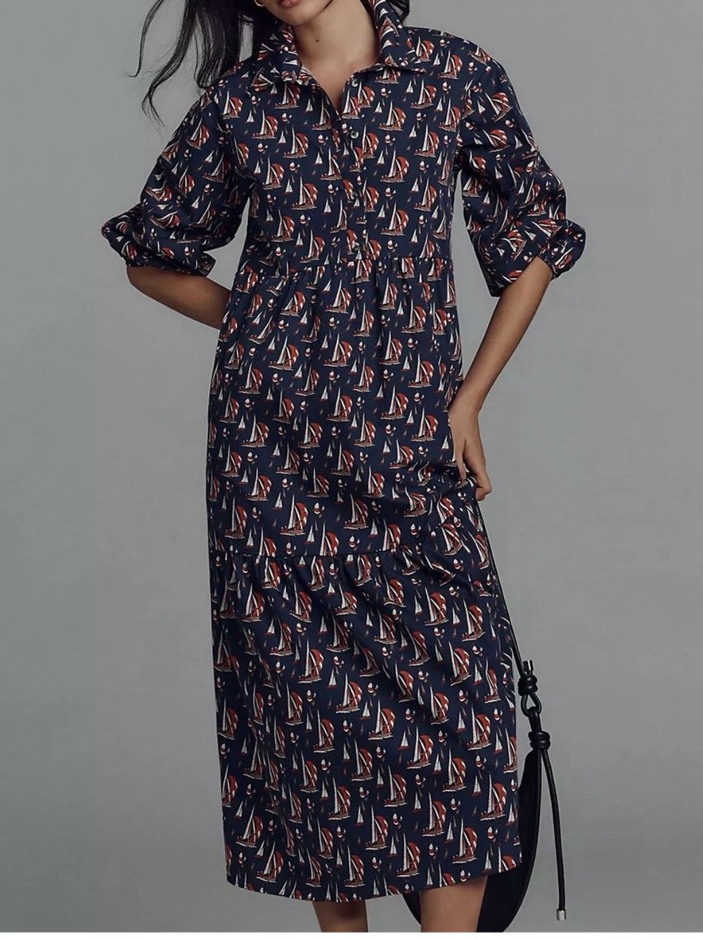 Anthropologie Maeve Nautical Sailboat Novelty Print Tiered Midi Shirtdress